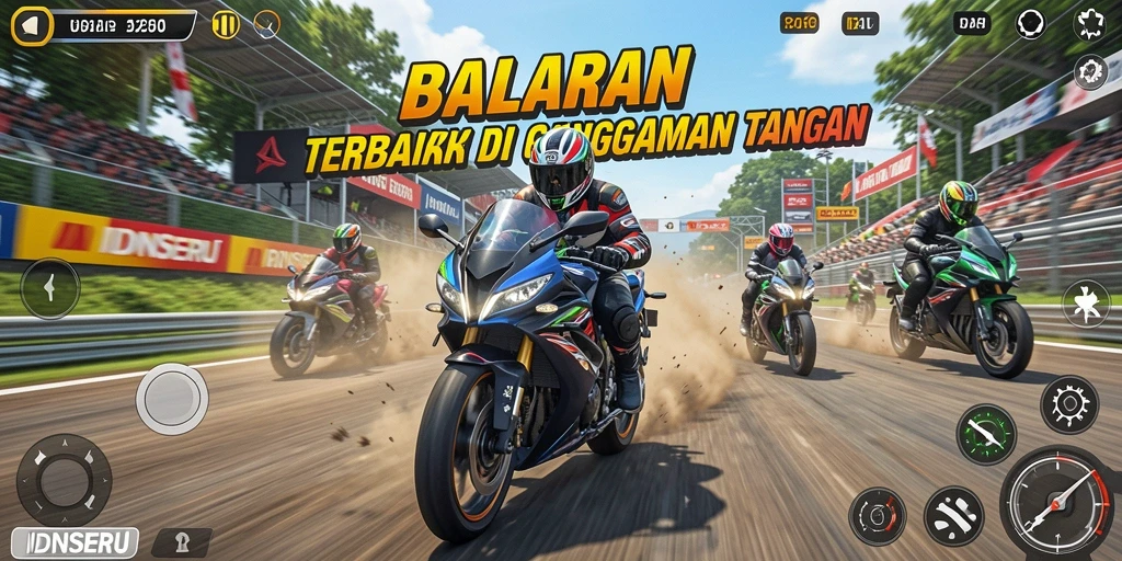 Tampilan gameplay seru dari IDNSERU yang menampilkan pertandingan balapan motor.