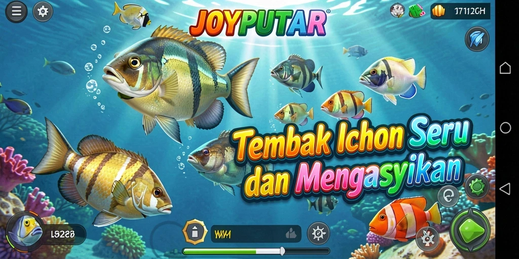 Screenshot gameplay JOYPUTAR menampilkan aksi seru menangkap ikan.