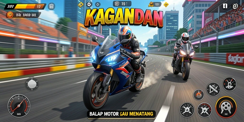 Screenshot gameplay KAGANDAN menampilkan momen seru balapan motor.