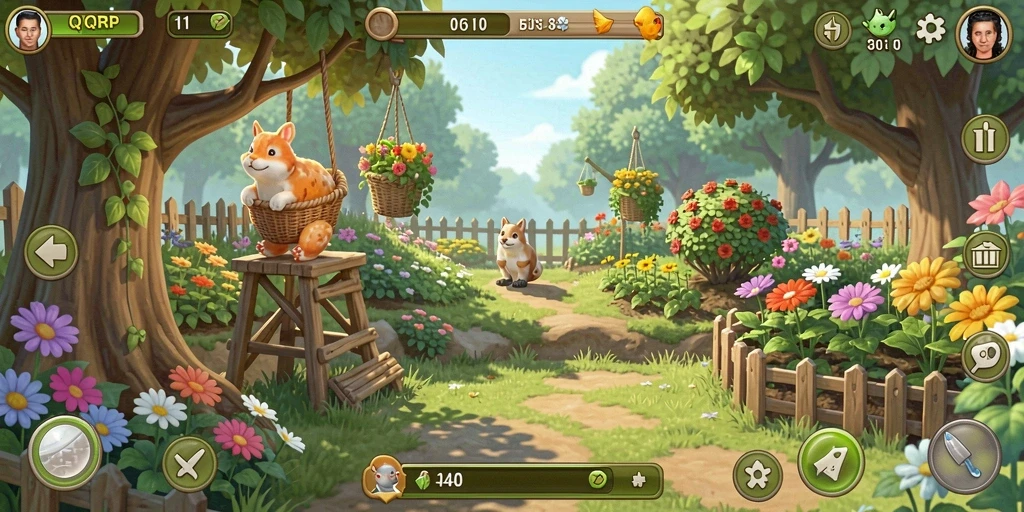 Tangkapan layar gameplay QQRP menunjukkan keindahan kebun yang terawat dan aktivitas bertani.